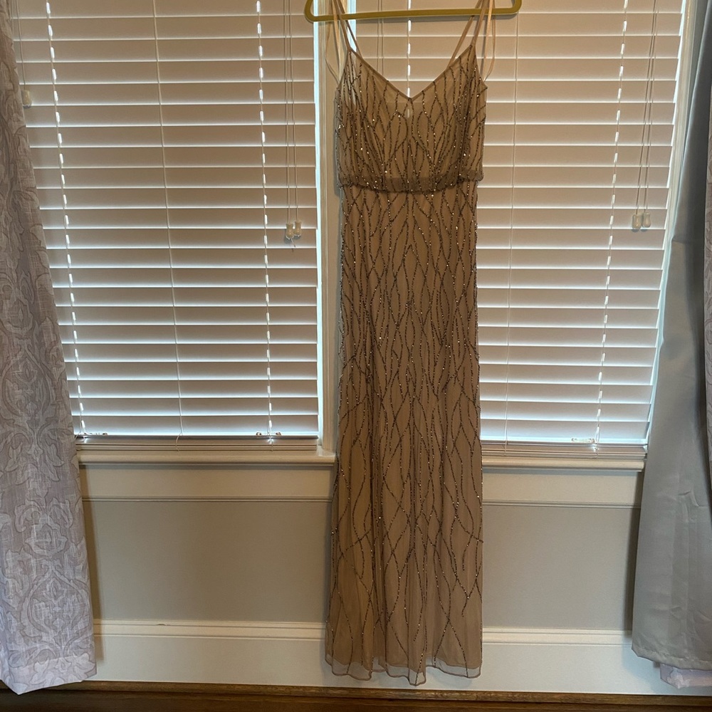 Nude/cream/tan Adrianna Papell dress with gunmetal grey/silver beads; size 6